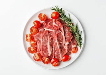 Raw steak served on a white plate, garnished with cherry tomatoes and a sprig of rosemary