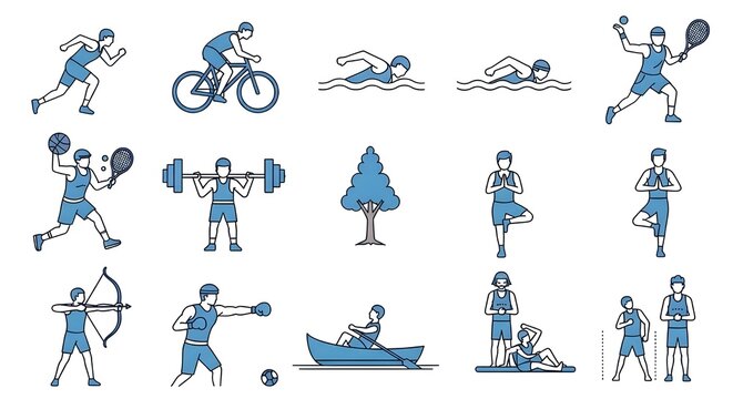 Conjunto de iconos de deportes.
 Contiene f&uacute;tbol, baloncesto, trofeo, competici&oacute;n, medalla, gimnasio, voleibol y m&aacute;s.
 Colecci&oacute;n de iconos de vector s&oacute;lido.