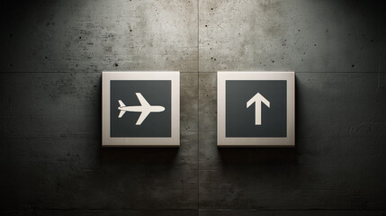 Two signs on a wall, one of which is an airplane