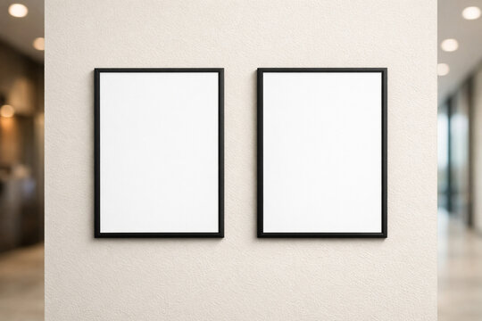 Two blank vertical poster frames mockup hanging on a textured cream wall in a modern hallway interior.