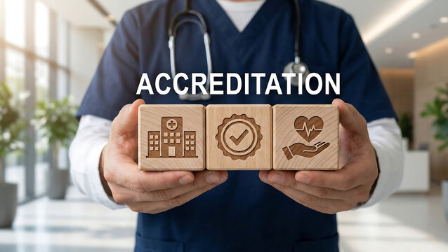 ACCREDITATION. Warranty, standards, ISO quality certification and guarantee medicine concept. Medical accreditation. Accredited health care product