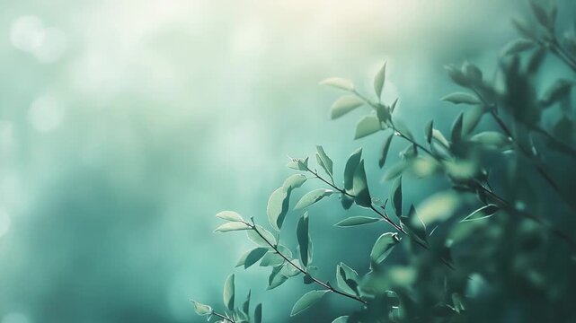 Fresh green leaves on sunlit branches with soft focus bokeh, creating a tranquil, vibrant background that evokes growth, harmony and healthy natural vitality