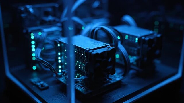 A video showcasing a futuristic computer system with blue lighting in a dark setting silhouette