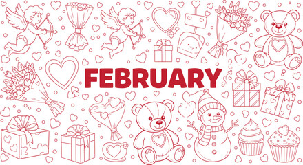 Fototapeta premium February illustration with transparent background featuring red text and cute valentine's day designs