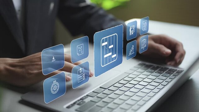 Digital project management system with virtual dashboards, progress tracking and workflow icons. Business professional monitoring tasks, resources and deadlines via an online platform.