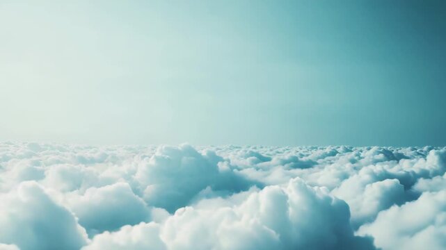 Fluffy white clouds forming a soft, serene landscape from an aerial perspective, presenting an ethereal vision of peace and freedom under a clear blue sky