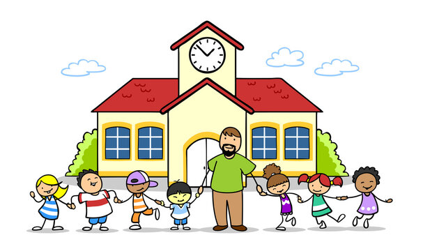 Gruppe Kinder steht mit Lehrer oder Erzieher vor Schule oder Kita