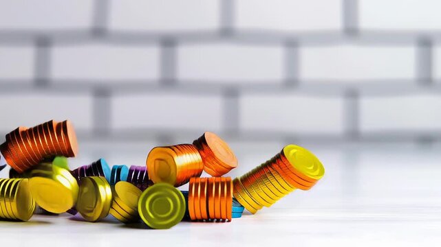 Colorful plastic bottle caps stack arrangement white surface with blurred background creative design