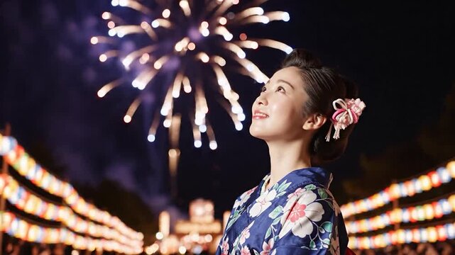 A woman in a floral kimono watches fireworks illuminate the night sky during a festival