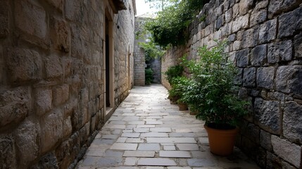Obraz premium Narrow cobblestone alleyway between old stone walls with potted plants