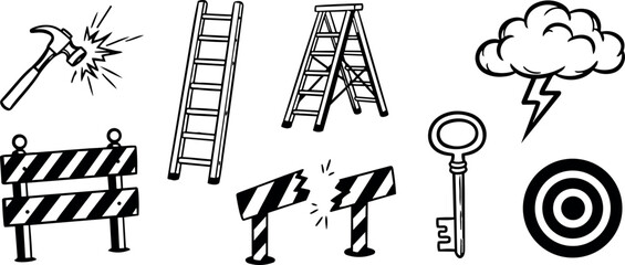 Fototapeta premium Hand drawn black and white hammer smashing barrier with ladder, broken barricade, key, lightning cloud and target vector set