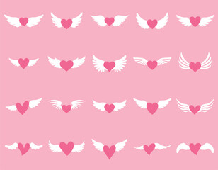 Pink heart with white wings. Set of cute love symbols. Heart tattoo. Pink and white color icons. Hearts for design. Love, romance vector icons. For gifts, Valentine's Day, birthday, party decor, cards