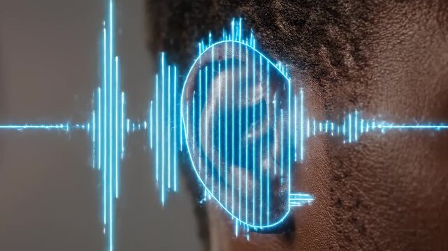 Close up of an african american man's ear with an animated digital audio waveform graphic, representing sound perception, hearing tests, and advanced audio technology concepts