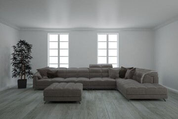 modern room with sofa and pouf and plant in black flowerpot interior design. 3D illustration