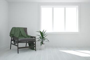 modern room with armchair with plaid and plant in white flowerpot near it interior design. 3D illustration