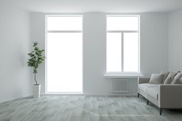 modern room with sofa with pillows, heating battery and plant in flowerpot interior design. 3D illustration