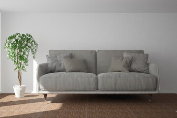 modern room with sofa with pillows and plant in flowerpot interior design. 3D illustration