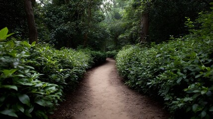 Fototapeta premium A winding dirt path leads through a lush green forest bordered by dense bushes and trees