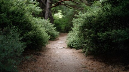Obraz premium A shaded forest trail winds through lush green bushes inviting a peaceful journey into nature