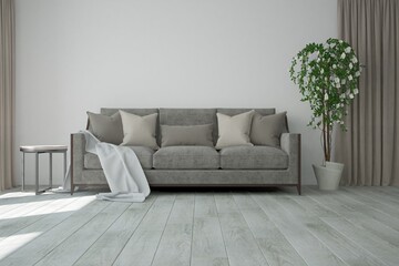 modern room with sofa with plaid and pillows, curtains and beautiful plant in flowerpot interior design. 3D illustration