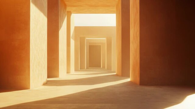 Desert like architectural structure presenting a long, repetitive corridor with repetitive arches and strong sunlight creating sharp geometric shadows on the textured walls and floor