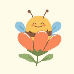 Obraz premium Smiling bee sitting on a flower. Gentle pastel illustration for spring themes, kids decor, greeting cards, nursery art and floral designs.