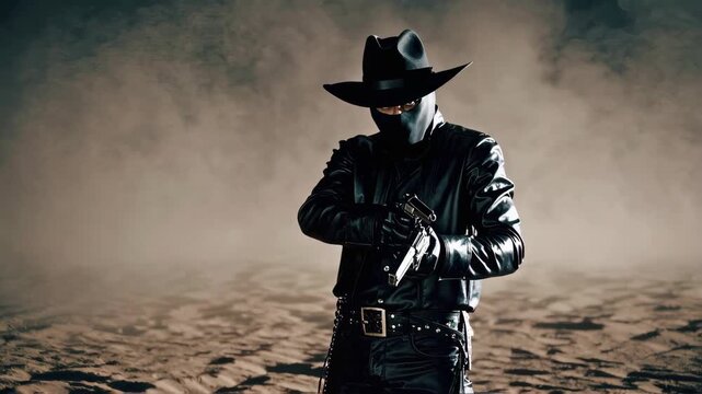 Mysterious cowboy in black leather outfit with foggy desert background