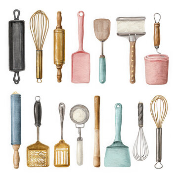 Collection of vintage kitchen utensils isolated on transparent background