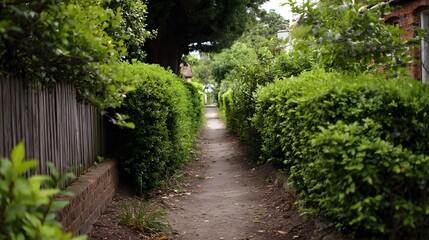Obraz premium A narrow dirt path winds between tall lush green hedges in a suburban garden setting