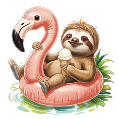 Naklejka premium A cute sloth lounges on a flamingo-shaped float while holding an ice cream cone.