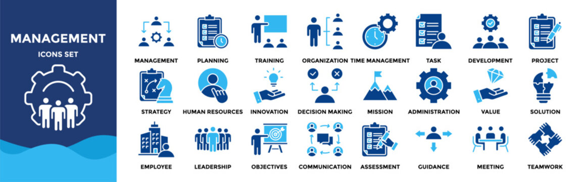 Business or organization management icon set. Containing manager, teamwork, strategy, marketing, business, planning, training, employee