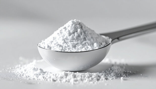 White powdered dietary supplement in measuring scoop, collagen nutrition. Codium benzoate, citric acid