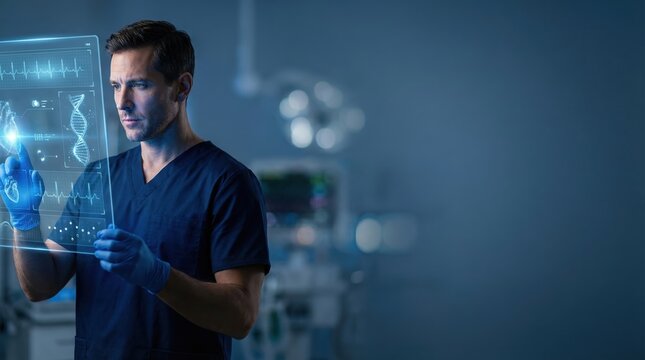 Digital healthcare innovation showing a doctor analyzing a medical hologram for surgery planning with negative space for hospital marketing materials.
