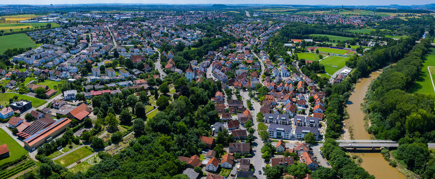 Aerial panoramic view of the city Freiberg am Neckar in Germany on a sunny spring day