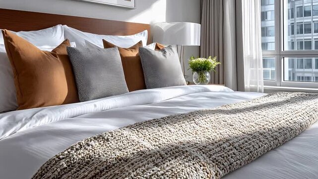 Beautifully made bed with crisp white linens and brown accent pillows featuring a textured throw blanket under bright window natural light.