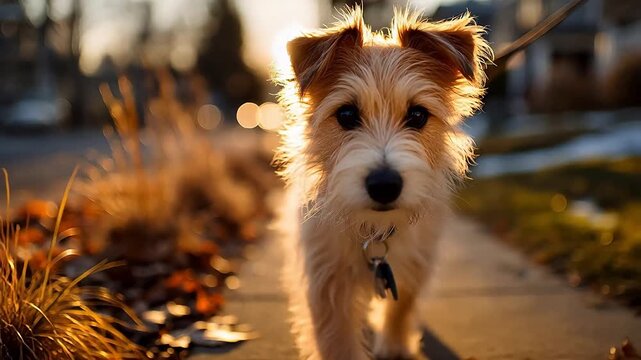 Scruffy terrier dog walking on a leash down a suburban sidewalk with warm golden hour sunlight backlighting the fur in a low angle shot.