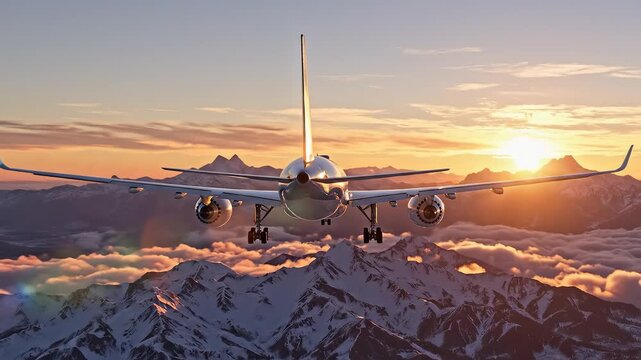 Airplane flying over snowy mountains