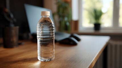 Clear plastic bottle of water rests on a wooden desk in a softly lit office setting