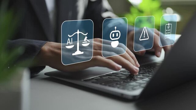 AI ethics management concept focused on trust, accountability and human-centered technology. Professional overseeing ethical AI principles using a laptop-based digital interface.