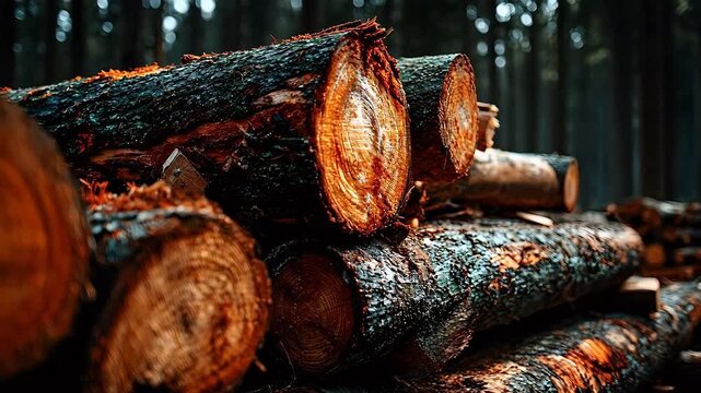 Stack of cut timber logs in a forest showing rough bark texture and wood rings with soft natural light filtering through the background.