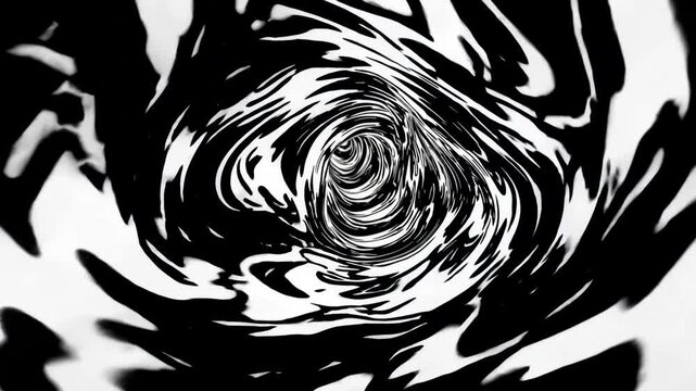 Swirling black and white patterns create a visual effect that draws the viewer deeper into the shapes and movements in the design