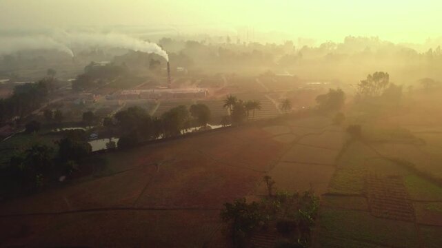 Aerial View of Countryside Transport Routes in Winter Morning Fog