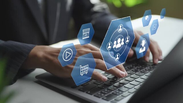 Omni channel concept showing a professional using a laptop with digital channel and customer icons. Integrating online and offline touchpoints to deliver seamless customer experiences.