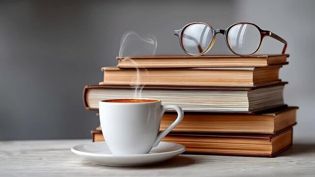 Stack of hardcover books topped with reading glasses and a white cup of black coffee on a white table in a blurred indoor study environment.