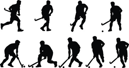 Set of Field Hockey Player Silhouettes Collection Featuring Male Athletes in Action Poses with Sticks and Balls Isolated on a White Background Vector