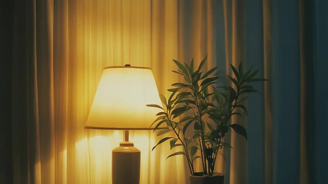 Table lamp radiating warm light on a bedside table with a green potted plant and curtain in the background, creating a cozy and relaxing evening atmosphere indoors