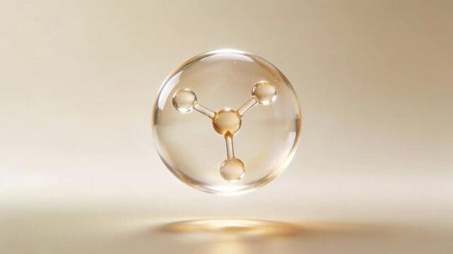 Premium beauty science hero visual of a stylized ceramide molecule in a rounded transparent glass form floating with a stable protective mood on a soft champagne clean background.