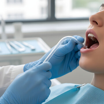 Close-up of a professional dental procedure where a dentist in blue gloves uses a saliva ejector to maintain oral health for a patient in a modern dental clinic during a checkup.