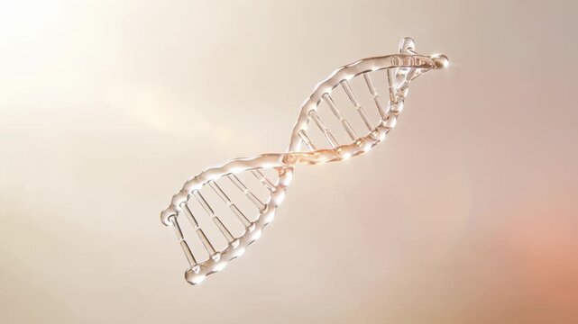Premium beauty science hero visual of a stylized salmon DNA PDRN molecule gently floating as a clean twisted form in transparent glass on a soft light background