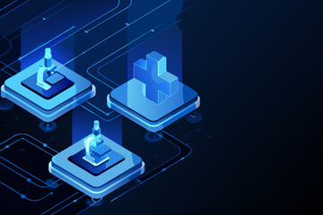 Abstract representation of medical technology with glowing blue digital platforms © Indira